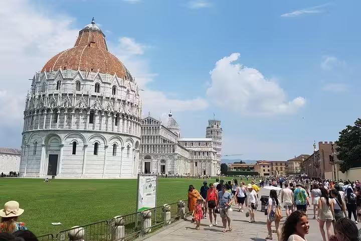 Pisa day trip from Rome showing Leaning Tower, Cathedral and Baptistery in Piazza dei Miracoli