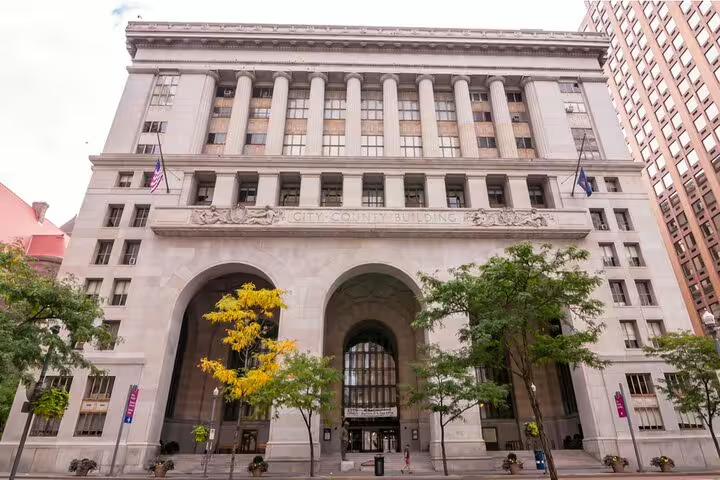 Pittsburgh City-County Building neoclassical facade with large arched entrance and stone columns