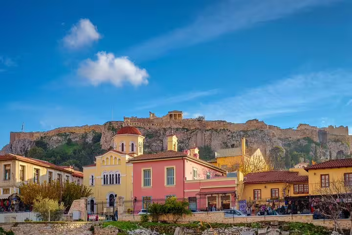 Plaka neighborhood colorful houses with Acropolis hill in Athens, private half-day tour with Cape Sounio option