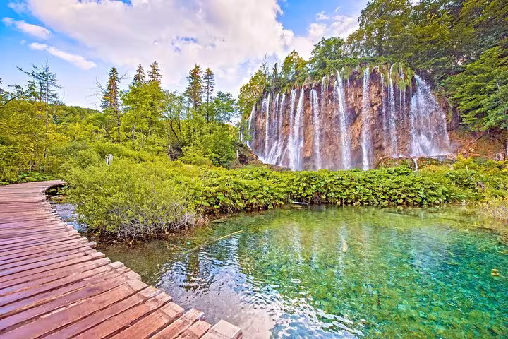 Plitvice Lakes boardwalk and waterfalls, Croatia nature stop on Budapest to Dubrovnik highlights tour