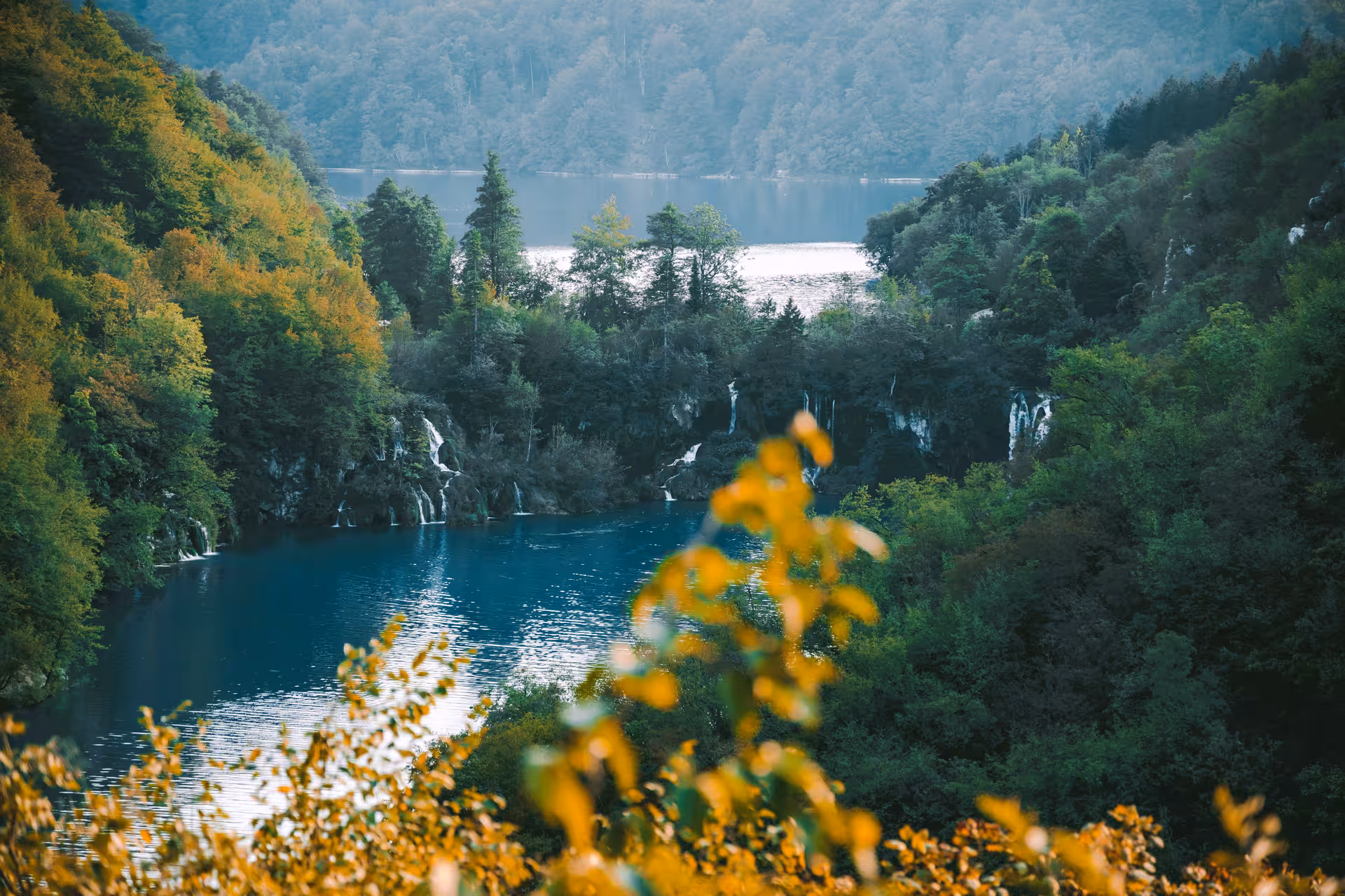 Panoramic Plitvice Lakes National Park view with turquoise water and waterfalls on a day trip from Zadar