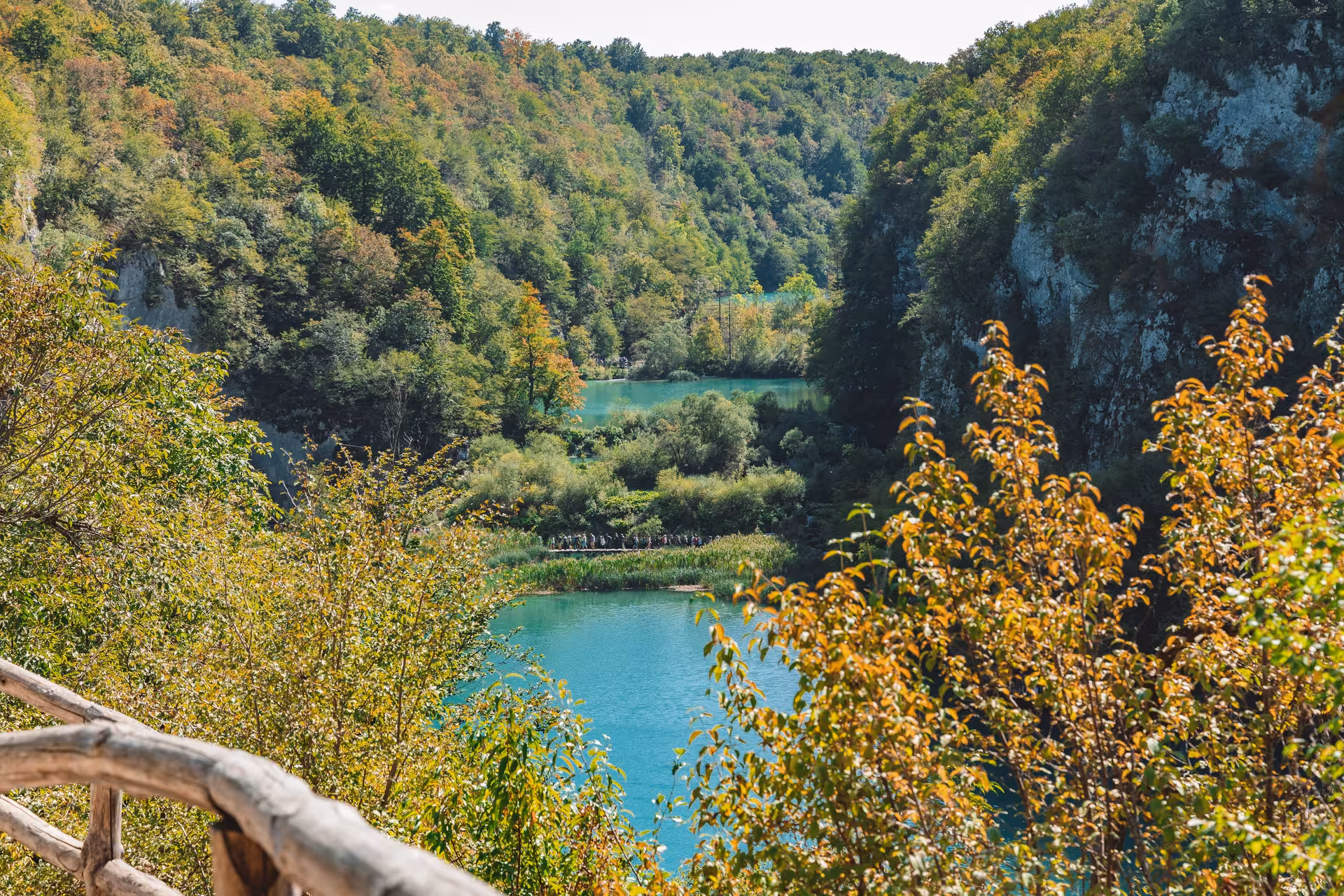 Panoramic view of turquoise Plitvice Lakes in forest valley on a day trip from Split, Croatia