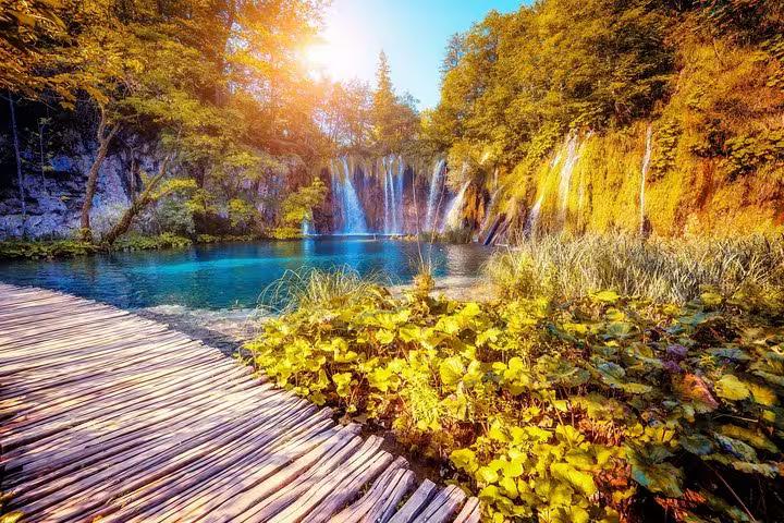 Wooden boardwalk by Plitvice Lakes waterfalls and crystal-clear pools on private Zadar to Zagreb tour