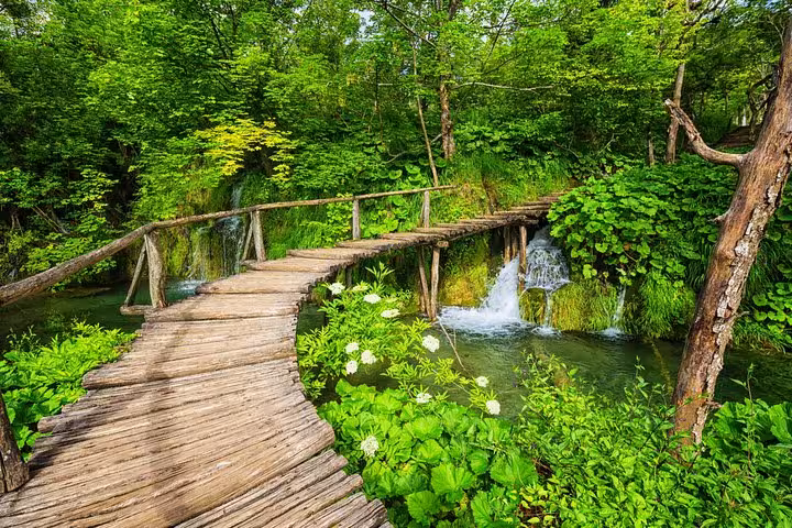 Wooden boardwalk over waterfalls at Plitvice Lakes National Park on a private Split to Zagreb day trip