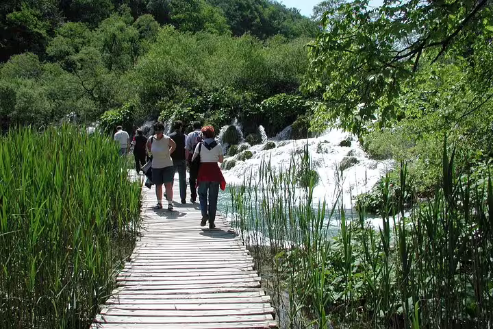Visitors walking a wooden path through reeds and cascades at Plitvice Lakes on a day trip from Zadar and Biograd