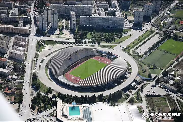 Aerial view of Poljud Stadium in Split Croatia, key stop on Bike Beer and Poljud Stadium Tour with local beer