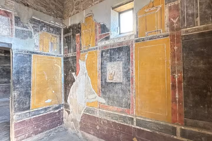 Explore ancient Pompeii frescoes with vivid colors on a skip-the-line small group guided tour.