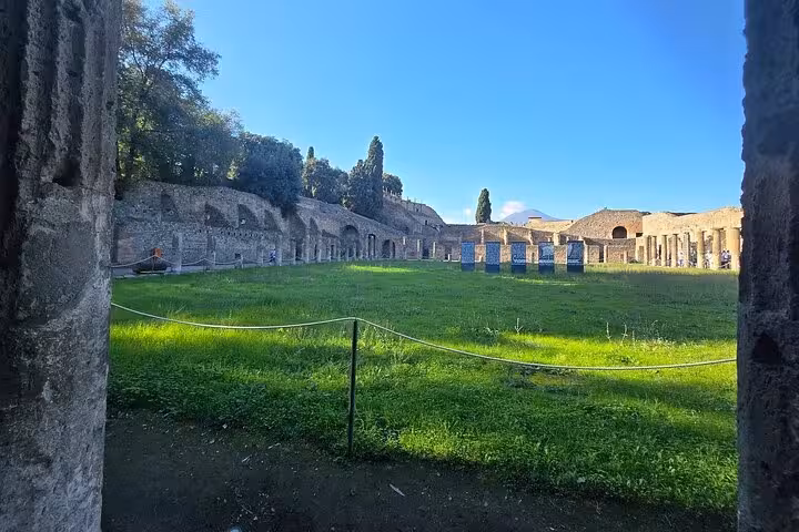 Lush green courtyard in Pompeii surrounded by ancient ruins, perfect for a cultural day trip.