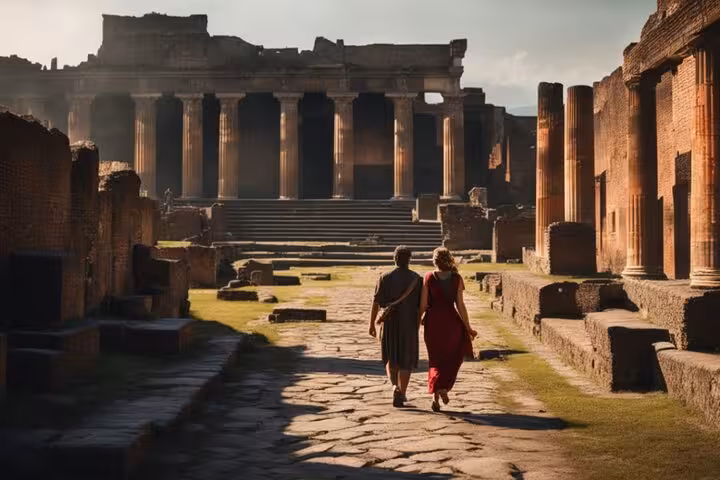 Tourists walking through the ancient ruins of Pompeii under a clear sky, highlighting historical exploration in Italy.