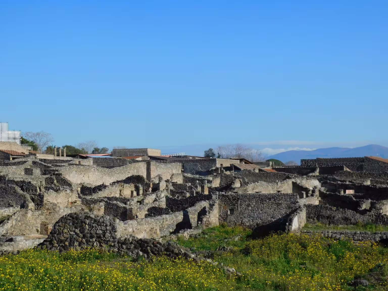 Pompeii archaeological ruins on guided group tour from Naples, ancient stone streets under clear sky