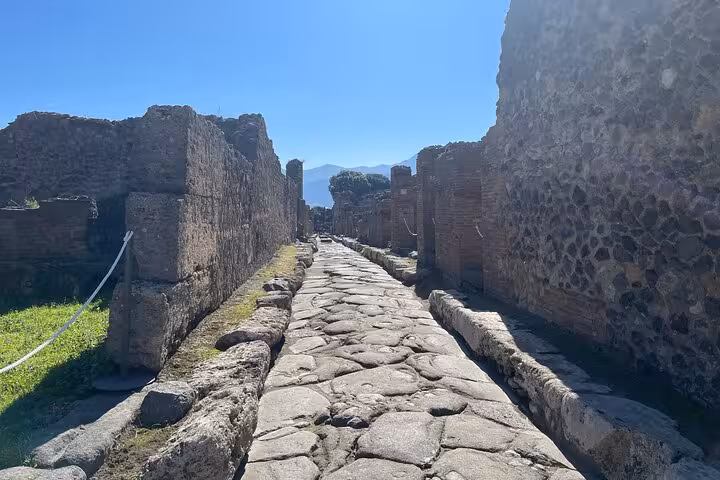 Walk along the preserved stone streets of Pompeii with views of Mount Vesuvius on a guided tour from Rome.