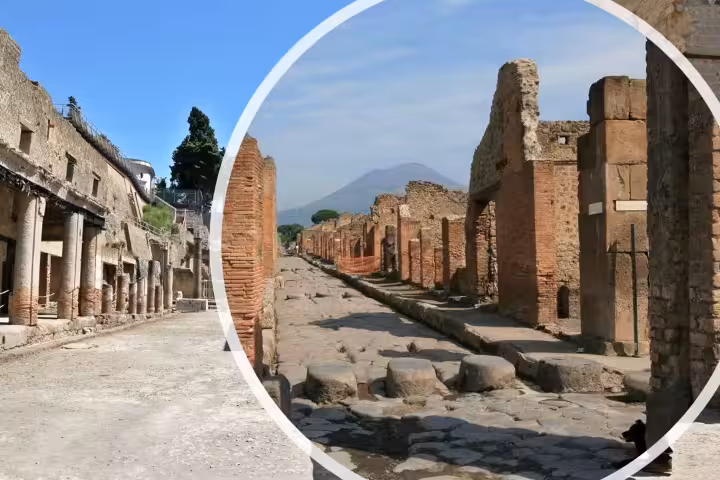 Pompeii ruins streets with Mount Vesuvius view, featured on Pompeii & Herculaneum group tour from Naples