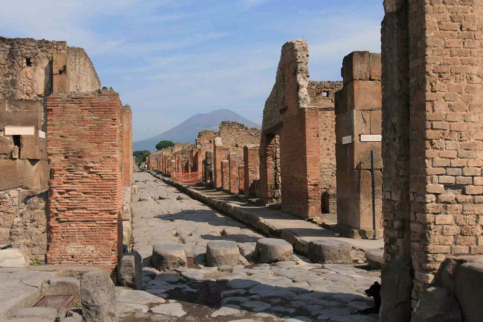 Pompeii ruins street with Mount Vesuvius view on Naples group tour to Pompeii and Herculaneum
