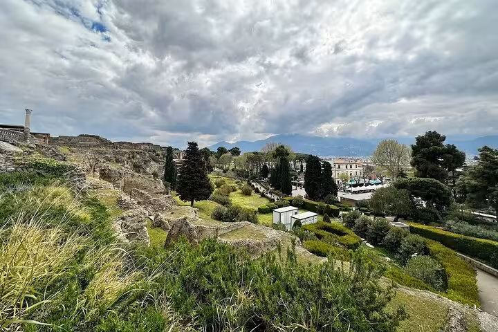 Scenic view of Pompeii's lush greenery and ruins under cloudy skies, ideal for exploring on a guided tour.