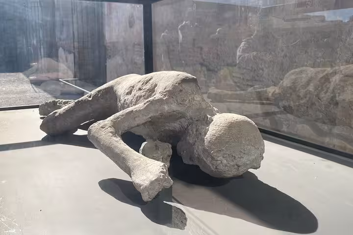 Discover a preserved plaster cast of a victim at Pompeii, capturing history on a guided day trip from Rome.