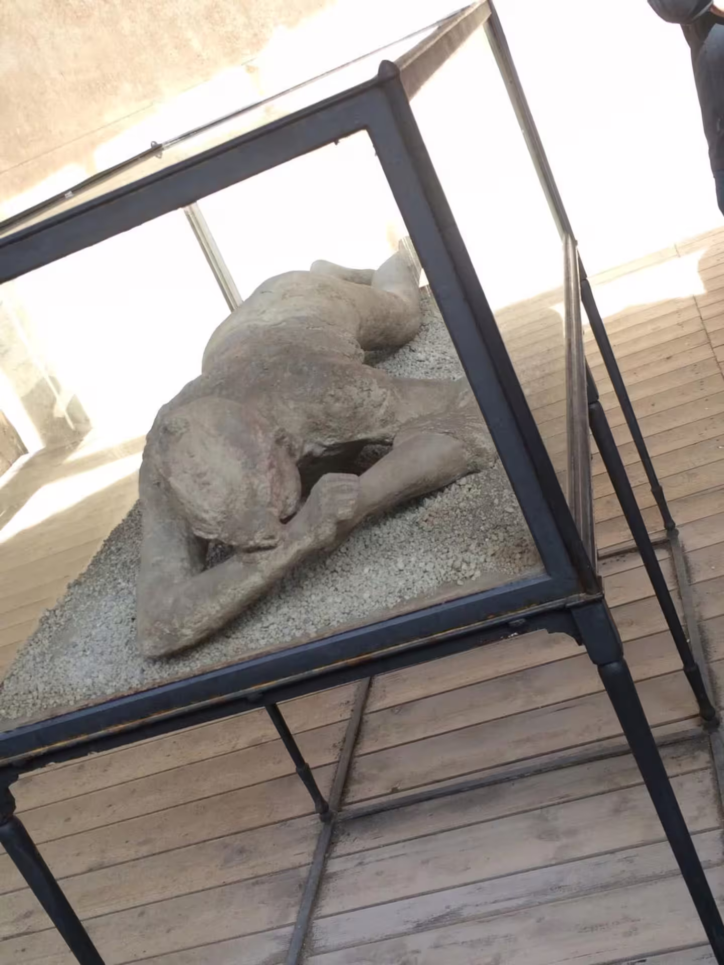 Pompeii plaster cast victim in glass case, poignant stop on Pompeii and Vesuvius group tour from Naples
