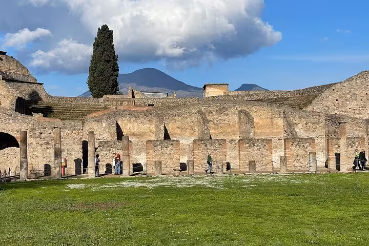 Visitors explore the ruins of Pompeii, with Mount Vesuvius in the background, on a private skip-the-line tour.