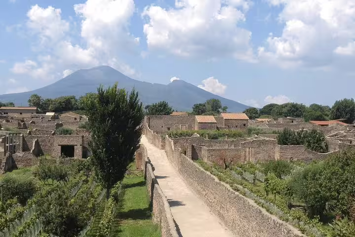Pompeii ruins with stone street and Mount Vesuvius backdrop, low cost day trip from Naples