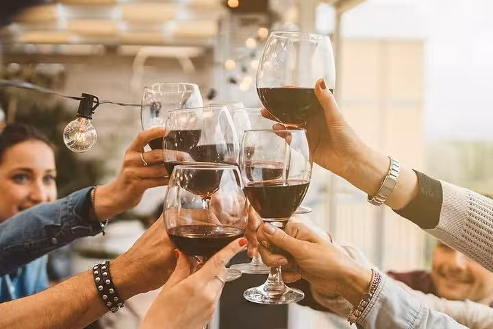 Group raising glasses of red wine in a celebratory toast during Pompeii and Vesuvius tour lunch.