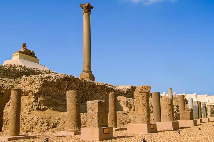 Pompeys Pillar and ancient ruins in Alexandria, Egypt on a private historical day tour from Cairo