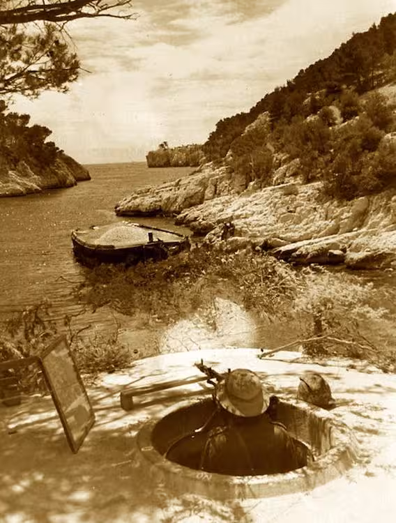 Vintage view of Port-Miou Calanque inlet near Cassis, classic Calanques National Park coastal hiking route