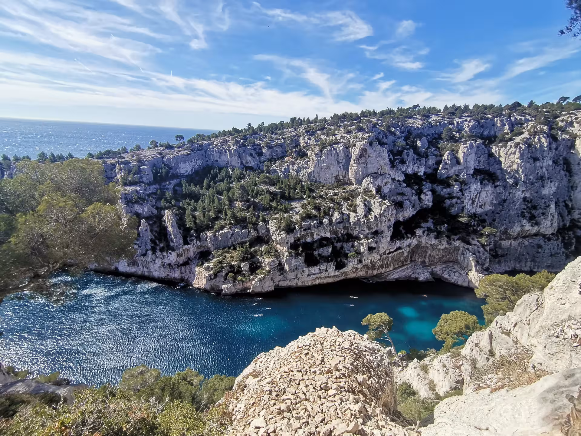 Hiking view over Port-Pin Calanque turquoise cove and limestone cliffs in Calanques National Park near Cassis