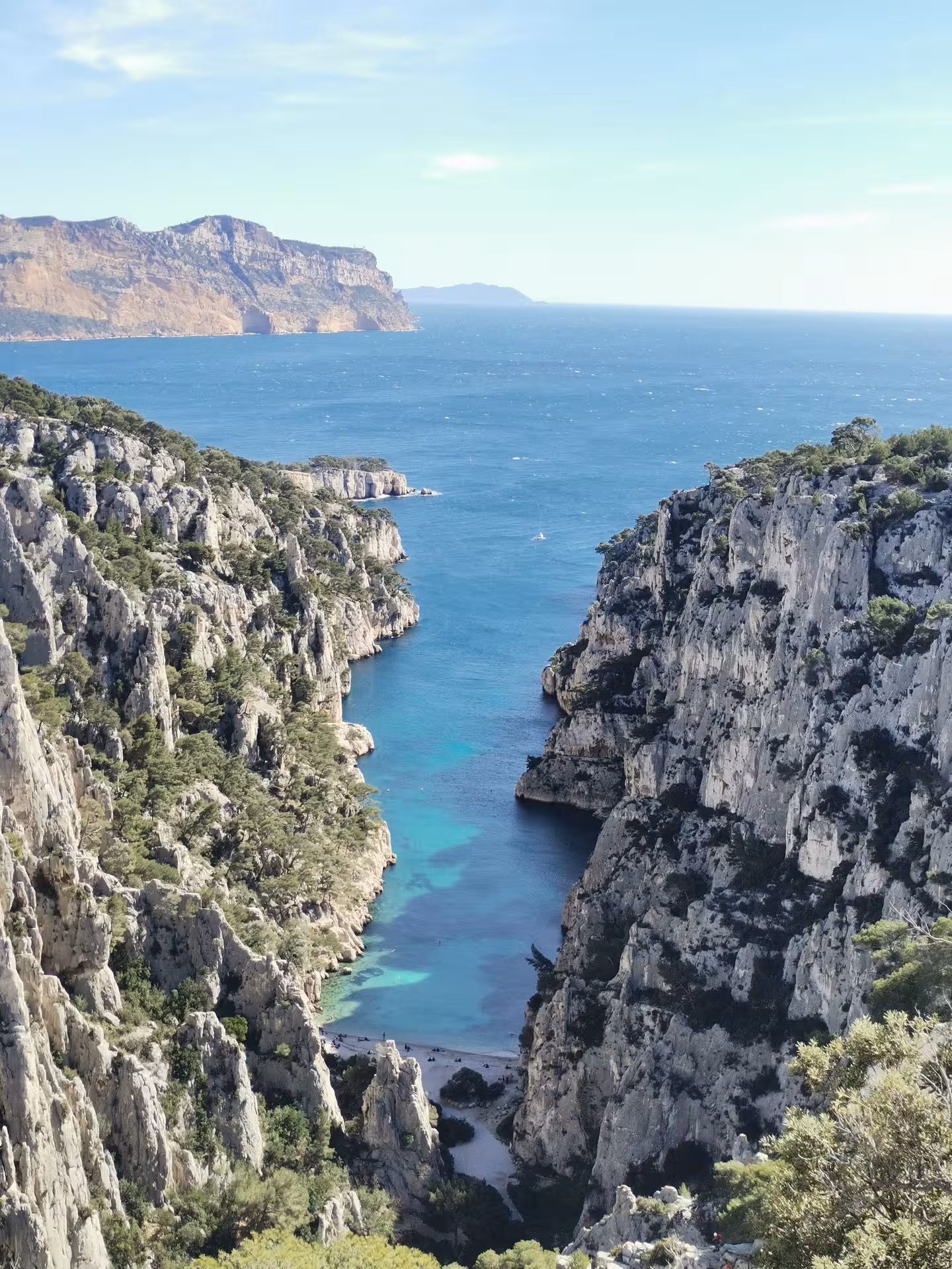 Panoramic view over Port-Pin Calanque cliffs and turquoise sea on En-Vau hiking tour, Calanques National Park