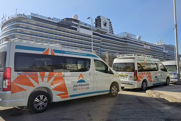 Sun Pyramids tour vans at Port Said cruise port for 2-day Cairo and Alexandria sightseeing excursion