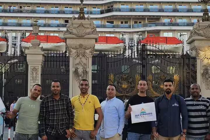 Port Said cruise terminal pickup for private Giza Pyramids and Saqqara tour, group meeting by the main gate