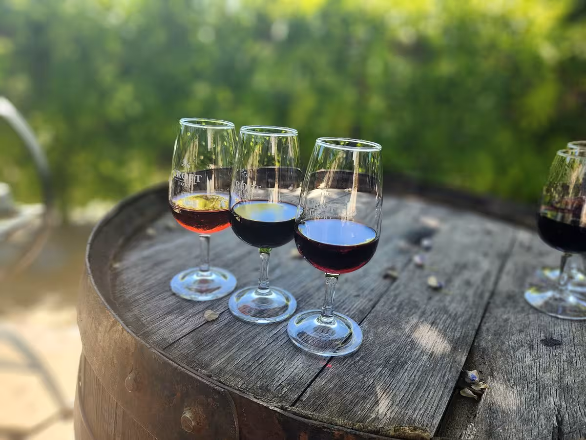 Port wine tasting flight in glasses on rustic barrel table during Essence Tour Douro winery experience
