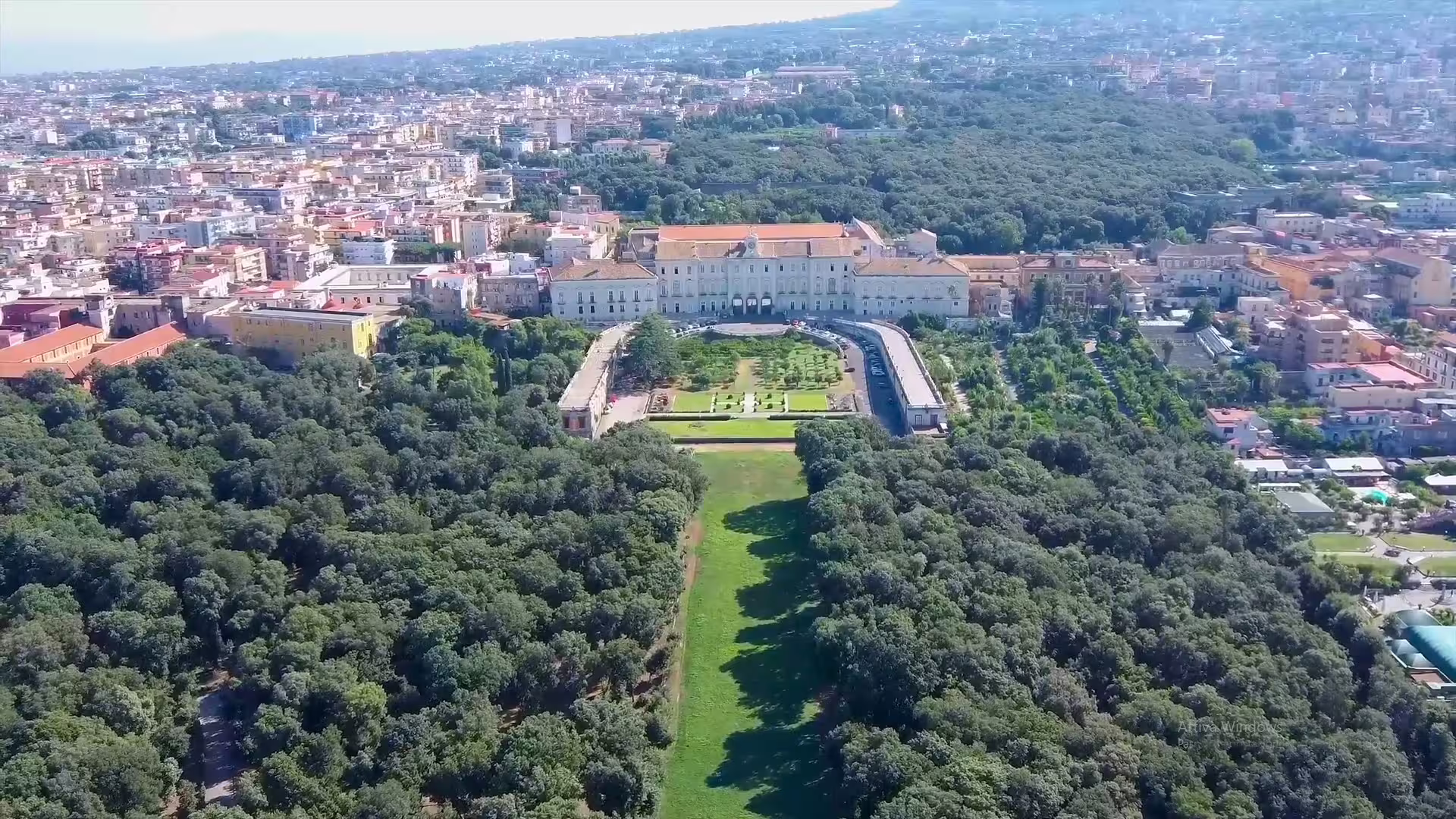 Aerial view of Portici Palace near Naples, elegant gardens and parkland on a luxury wine tasting tour