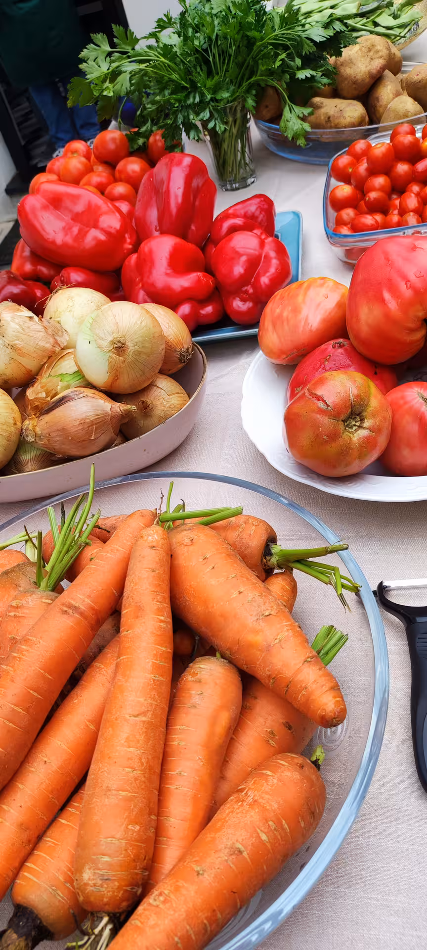 Array of fresh vegetables including carrots, peppers, and tomatoes at Jorge and Isabel's Porto cooking class.