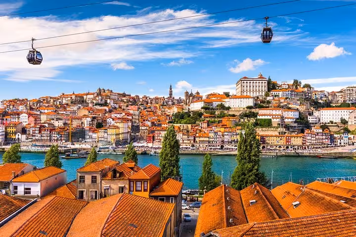 Panoramic view of Porto with cable cars and colorful buildings along the Douro River under a clear blue sky.