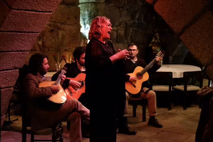 Fado singer performs passionately with guitarists in a cozy stone-walled venue during Porto's Moonlight Walk and Fado Dinner tour.
