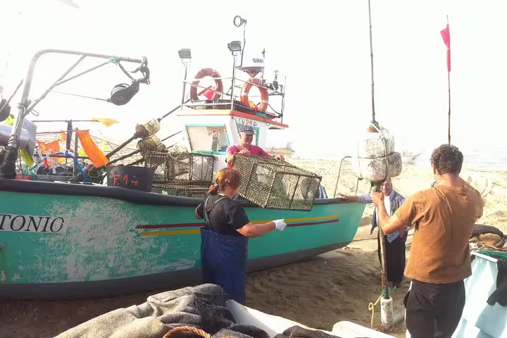 Fishermen loading traps onto a colorful boat during Porto Fish Tour Private Experience.
