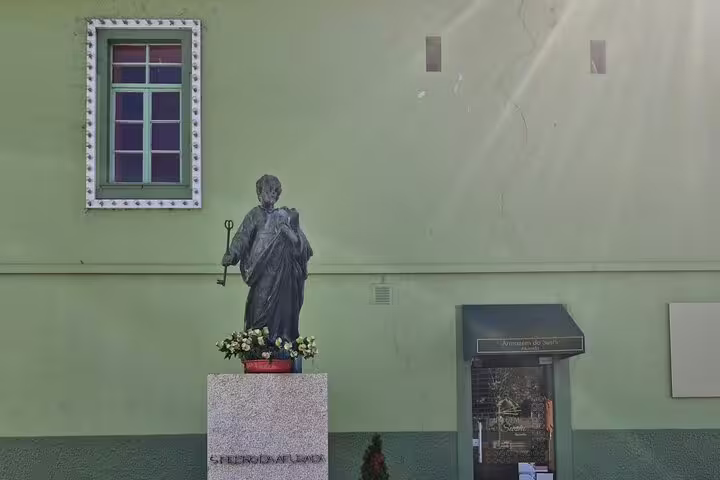 Historic statue against a pastel wall in Porto, capturing cultural charm during a private city tour with seafood lunch.