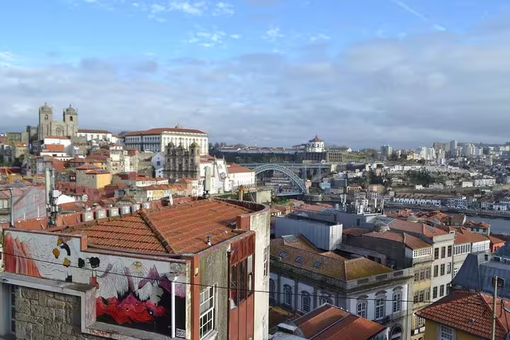 A panoramic view of Porto showcasing the historic Jewish quarter, iconic churches, and the Douro River under a clear sky.