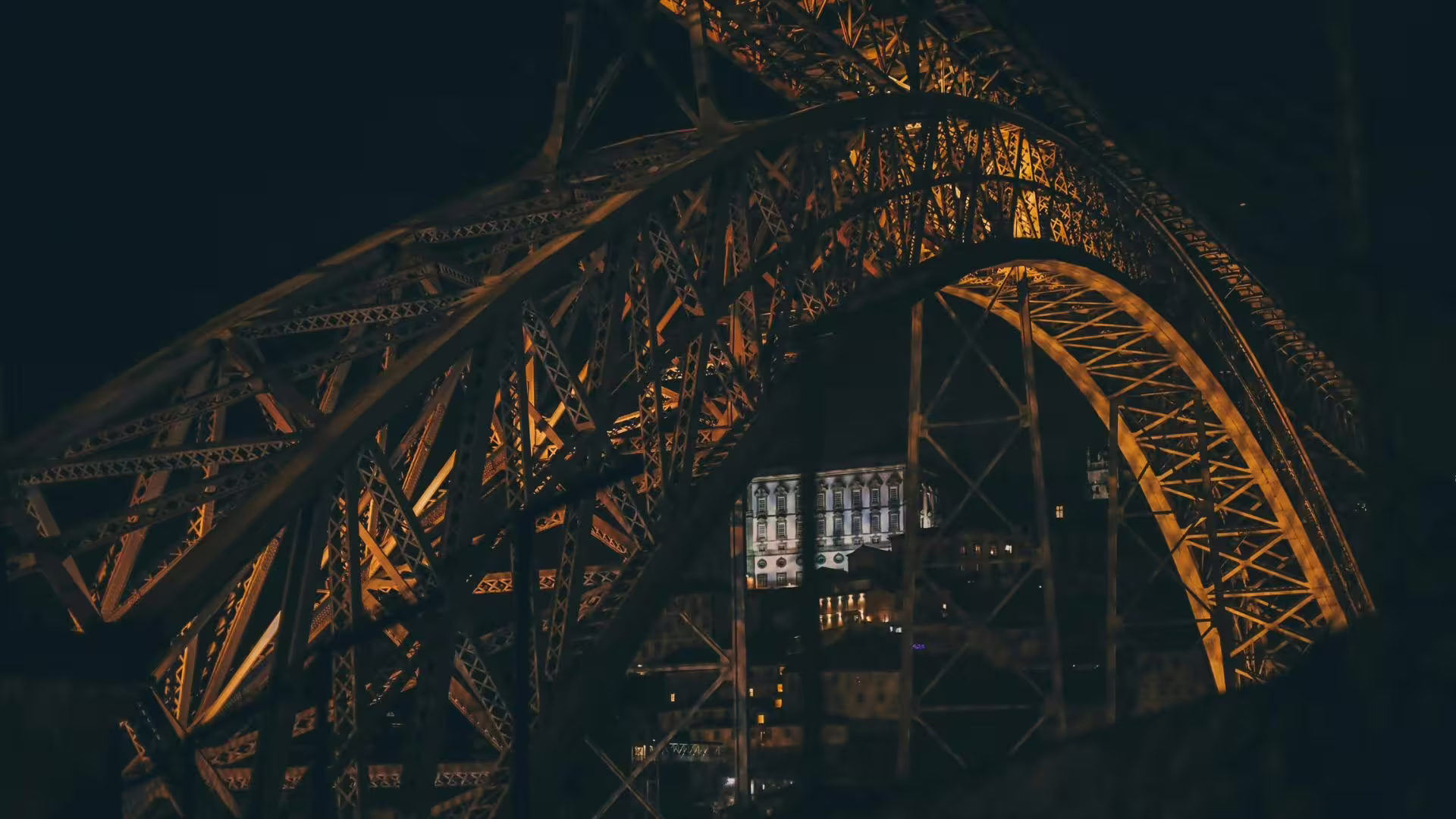 Close-up night view of Porto's Luis I Bridge in Ribeira, part of Cooltour Oporto's Night Tour