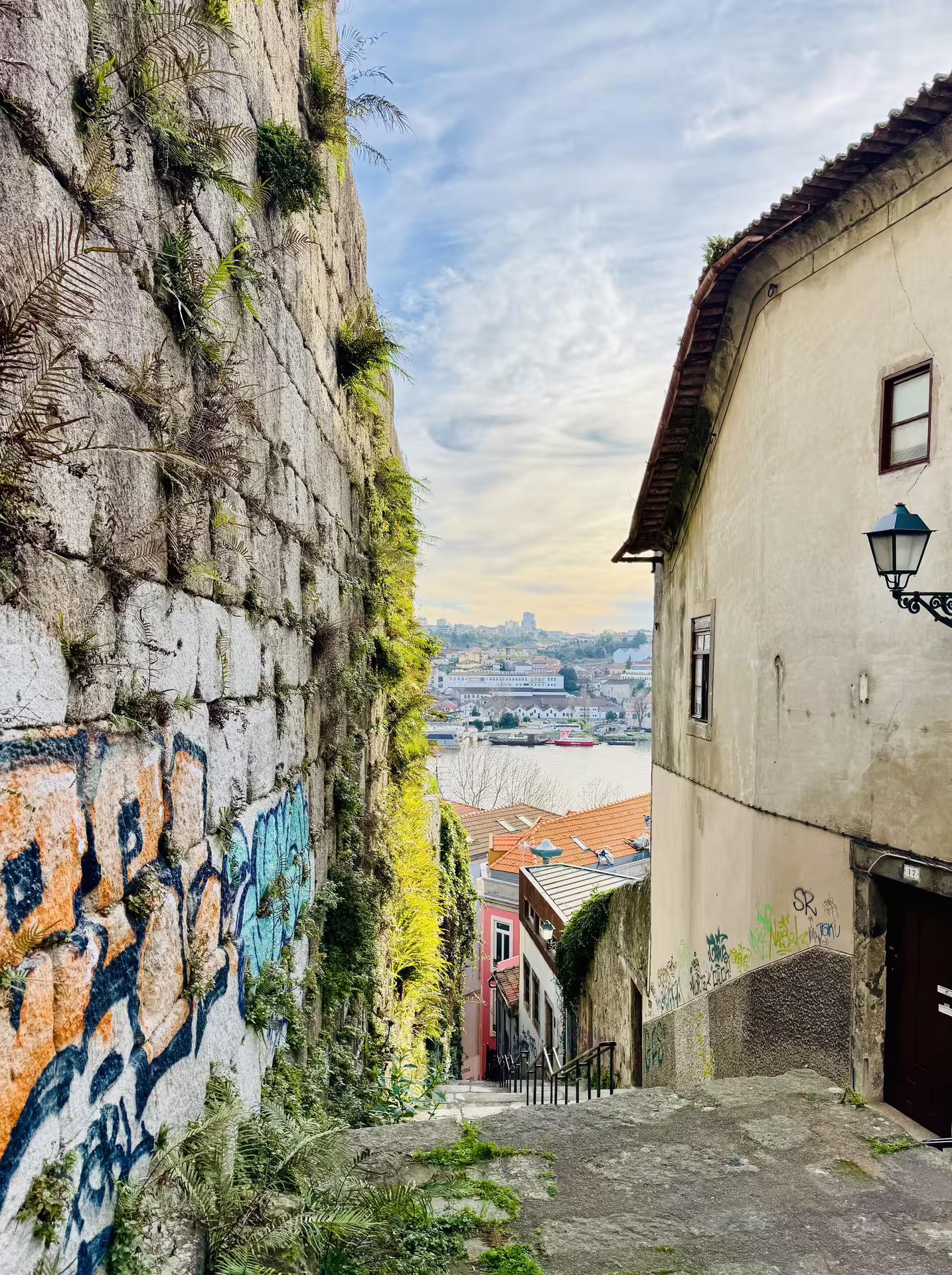 Charming view of Porto's historic old town alley with graffiti-covered walls and distant river, ideal for walking tours and cruises.