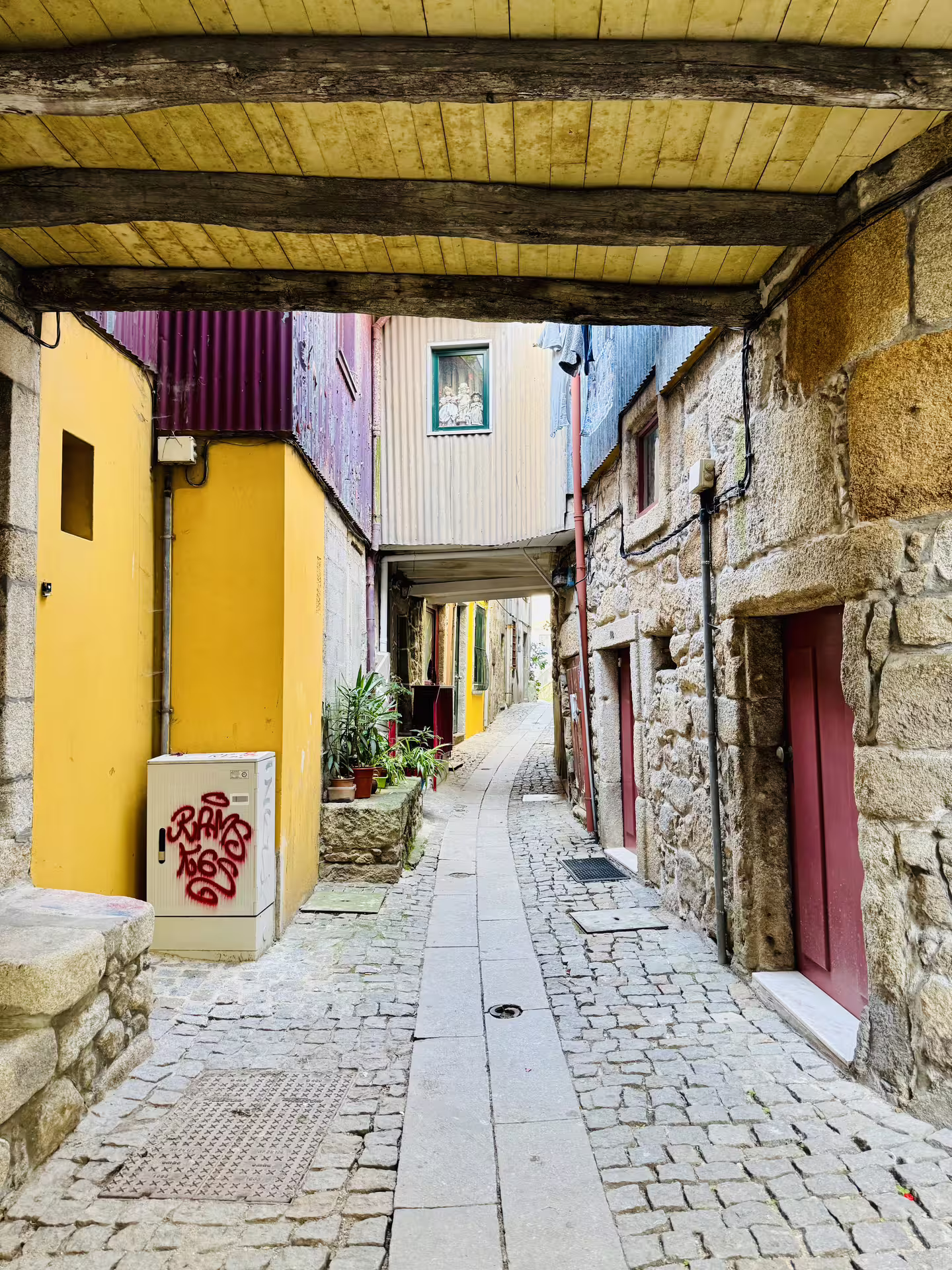 Scenic cobblestone alleyway in Porto's historic old town, showcasing colorful buildings and charming architecture for small-group walking tour.