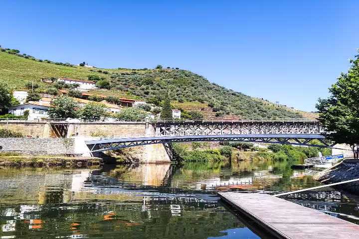 Scenic view of a bridge and lush vineyards along the Douro River, captured during a private car transfer from Porto to Peso da Régua.