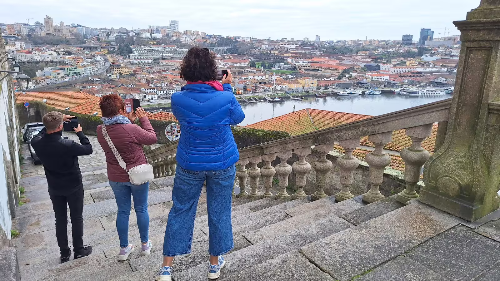 Tourists admire panoramic views of Porto's historic architecture and Douro River during a private afternoon tour.