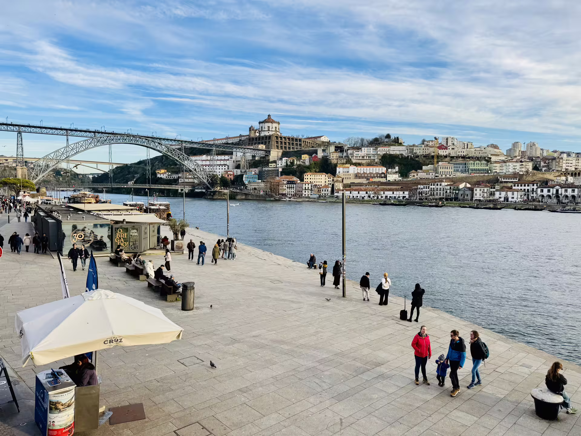 Scenic view of Porto's historic Ribeira district with the iconic Dom Luís I Bridge, perfect for a small-group walking tour and river cruise.