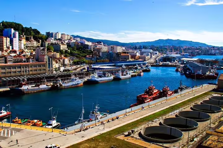 Vibrant view of Vigo's bustling port, a key attraction on the scenic journey from Porto to Santiago Compostela.