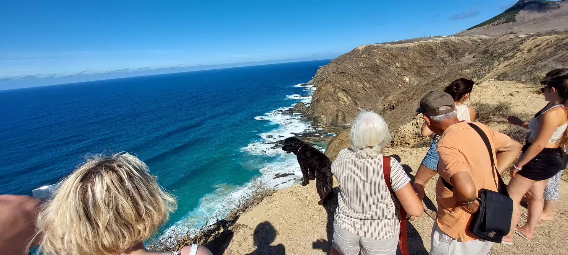 Tourists enjoying stunning coastal views on the Porto Santo Half Day Experience, showcasing the island's rugged cliffs and azure sea.