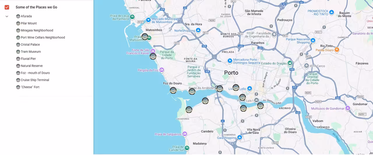 Map of Porto sunset tour route, from Ribeira to Foz do Douro, including Gaia wine cellars and viewpoints