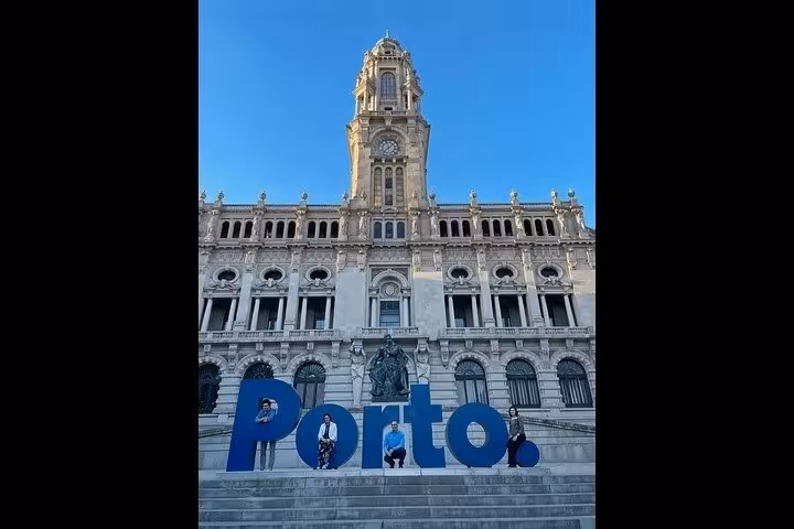 Porto City Hall and Porto sign stop on private Porto sunset tour with wine tasting, full dinner and Fado show