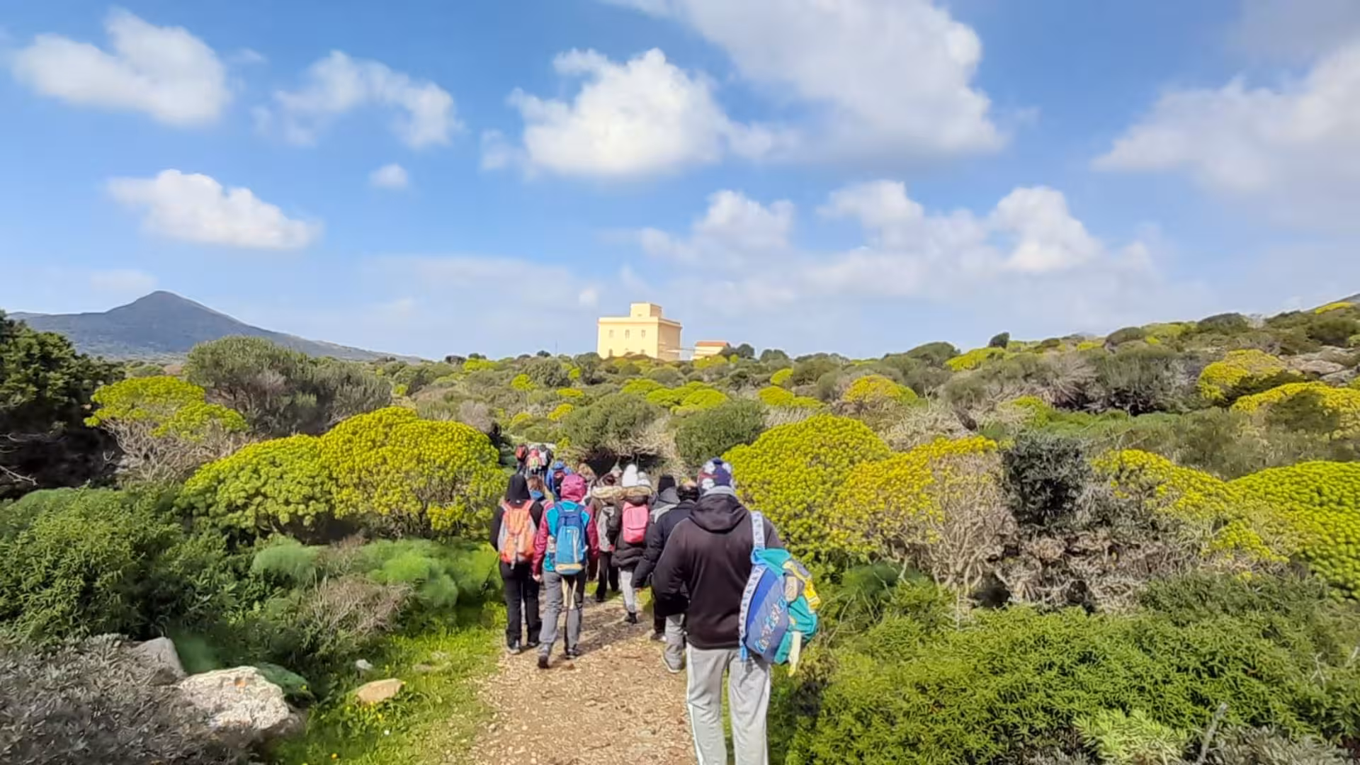 Group of hikers exploring lush green trails towards a historic building on Asinara Island under blue skies.