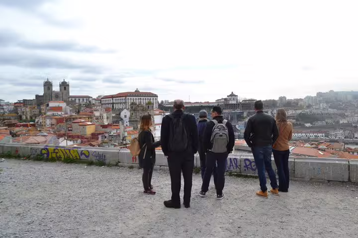 Group enjoying a panoramic view of Porto's historic skyline during the walking tour.