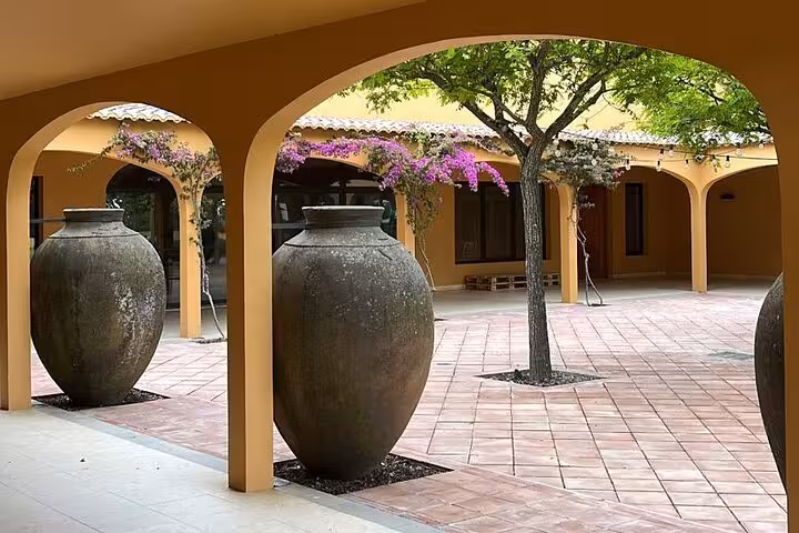 Traditional Portuguese clay amphorae in winery courtyard, Lisbon wine tour with premium tastings and food